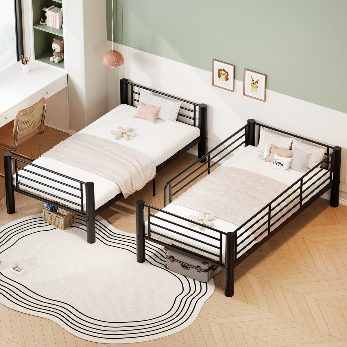 Twin Over Twin Metal Bunk Bed, 2-Inch Heavy-Gauge Tubing, Detachable 2-in-1 Platform Beds with Safety Rails & Wide Ladder, Quiet & Stable Frame Perfect for Small Rooms, Kids and Adults, Black