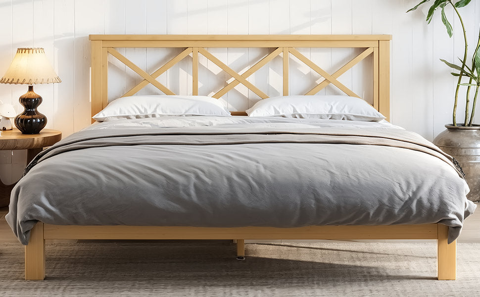 Queen Platform Bed with ''X'' Design Headboard, Bamboo-made Bed Frame Queen Size with Suppport Slats, Mid-century Style, Natural