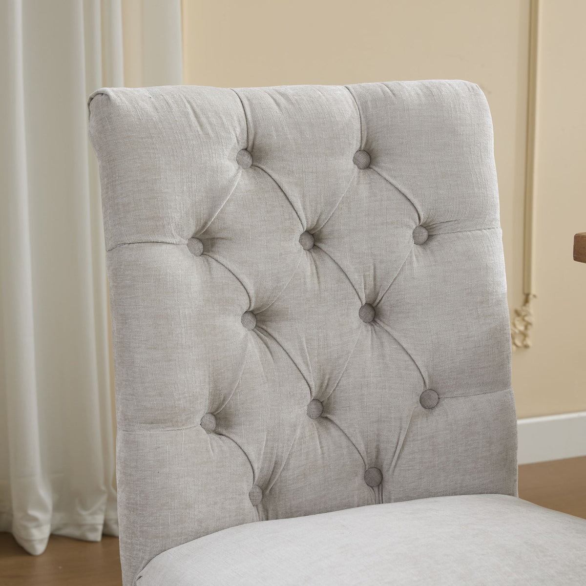 Upholstered Chenille Fabric Accent Dining Chair, Curved Solid Wood Legs, Elegant Tufted Club Dining Room Kitchen Room Dining Chair – Beige
