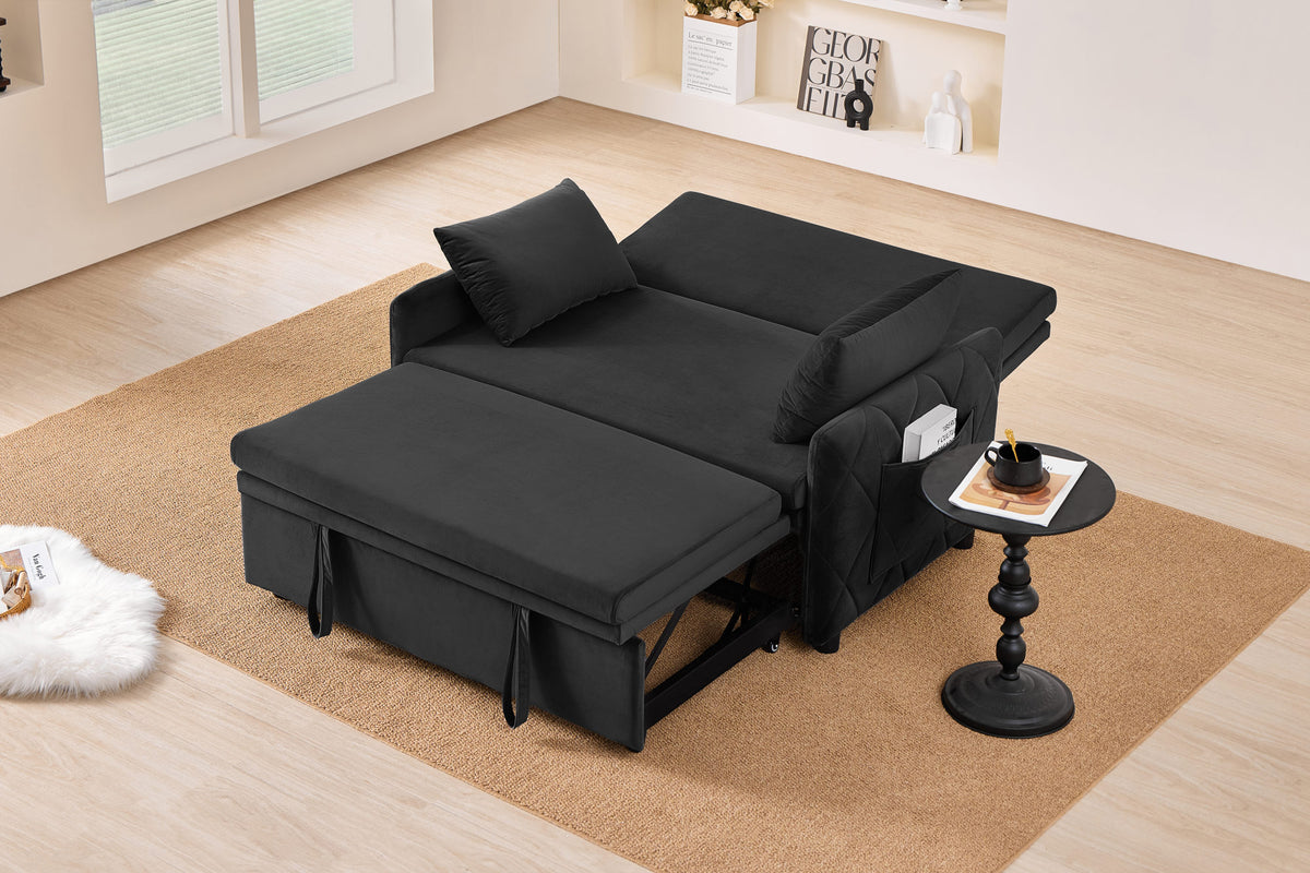 51.2' Velvet Convertible Sleeper Sofa Bed, 5-Position Adjustable Backrest Loveseat with Pull-Out Bed, Side Pocket, Multi-Functional 2-Seater Couch for Living Room, Apartment, Small Space