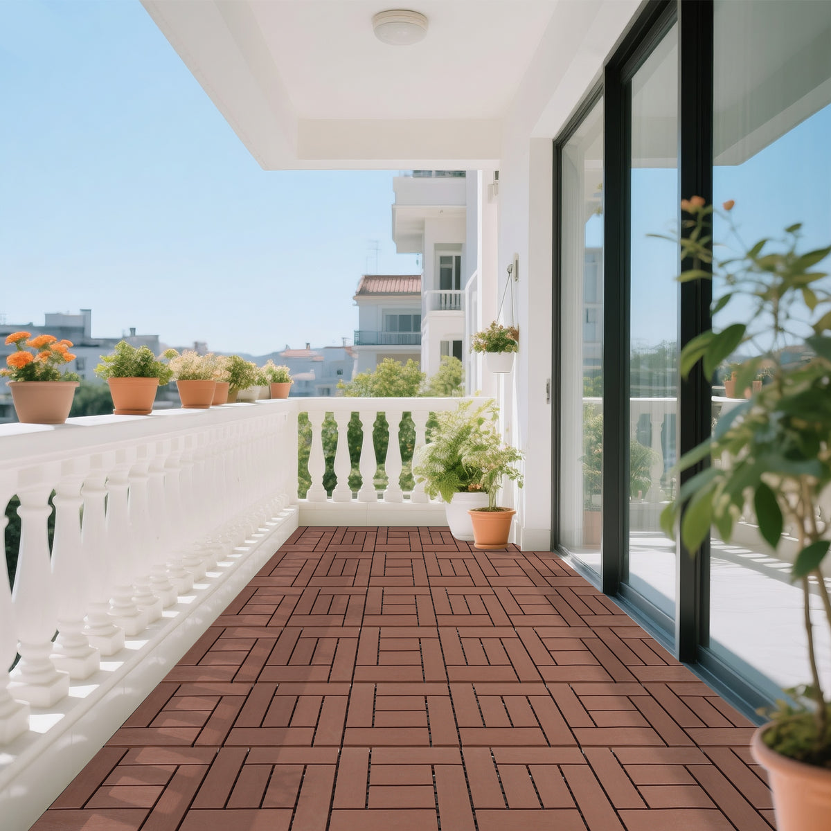 12-inch ZZ style interlocking deck tiles, DIY modular interlocking decking floor tiles, indoor and outdoor floor tiles, courtyard floor tiles that easy to install quickly ,44 pieces, Brown