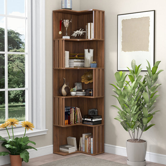 Corner Book Shelf - 5 Tier Corner Bookshelf  Bookcase with  Fluted Baffle  , Freestanding L Shaped Display Shelf Stand for Home Office, Living Room, Bedroom, Kitchen