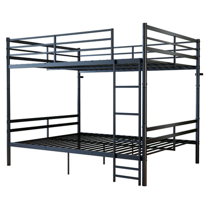 Queen-size heavy-duty bunk bed with ladder and high guardrails, 20 crossbars, minimum load capacity of 880 lbs per bunk, can be split into two double beds, includes storage space, black.