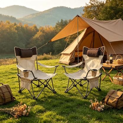 2PCS Outdoor Camping Chairs Folding/Portable/Adjustable reclining chair(Three-level adjustment), Side Pockets & Cup Holder,Carry Bag,Beige