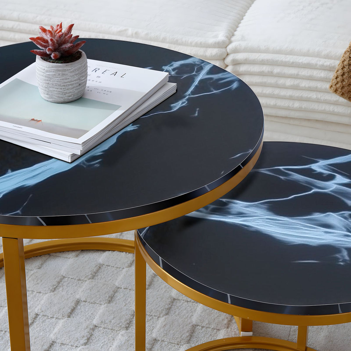 Set 2 Coffee Table Nesting Black top Golden Frame Circular Round and Marble Pattern Wooden Tables