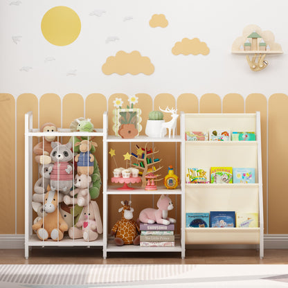Kids Bookshelf and Toy Storage, 3-in-1 Book Shelf for Kids Rooms, Sling Baby Bookcase with Stuffed Animal Storage, Toddler Montessori Bookshelf for Nursery, Playroom, Kindergarten, White