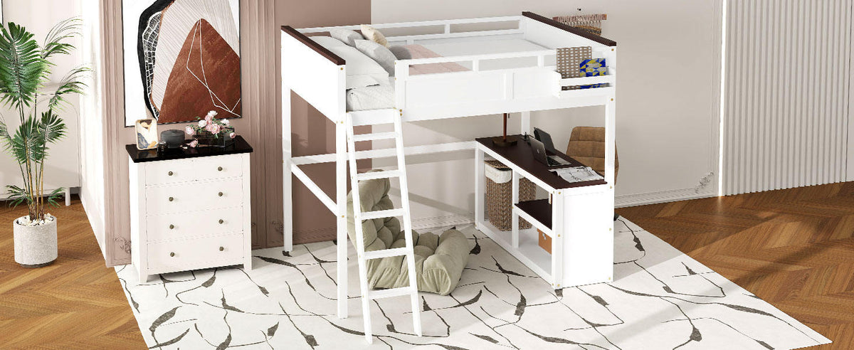 White Queen Size Loft Bed with Desk, Open Shelf, Storage Box and USB Charging Station, Pine+MDF