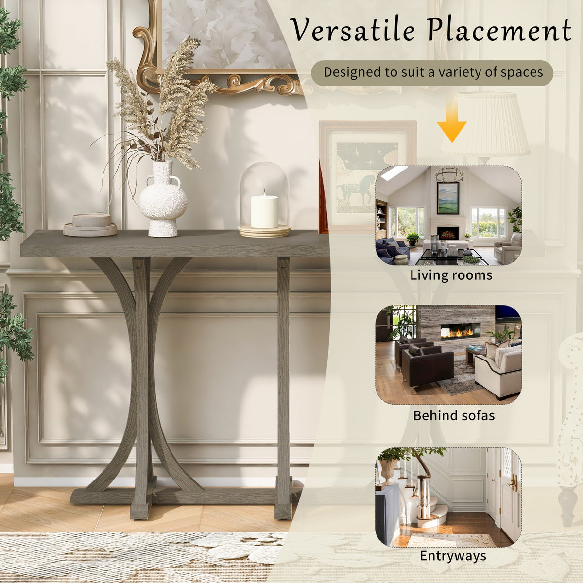 U-Style 59.8'' Wooden Console Table with Oak Veneer Top,Farmhouse Entryway Table with Rubber Wood Slender Curved Legs,Perfect for Living Room,Entryway,Hallway, Dining Spaces.