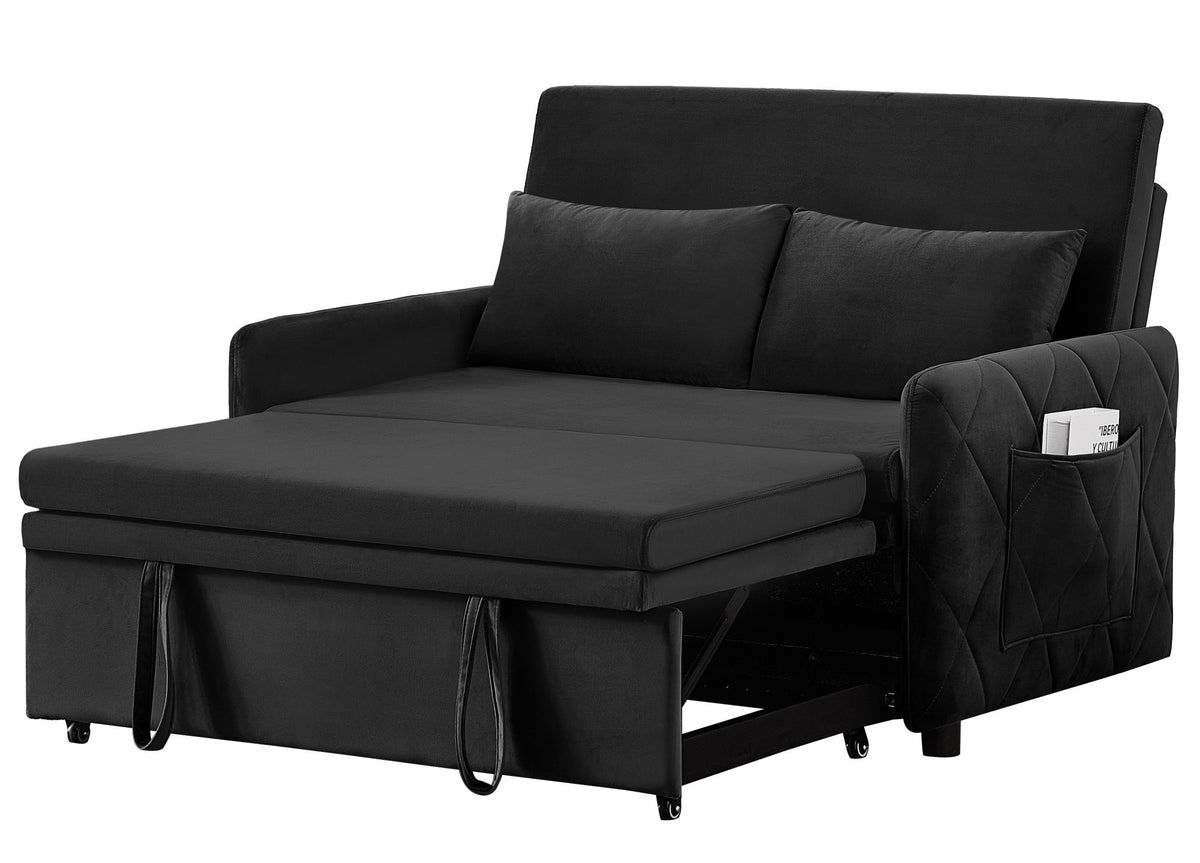 51.2' Velvet Convertible Sleeper Sofa Bed, 5-Position Adjustable Backrest Loveseat with Pull-Out Bed, Side Pocket, Multi-Functional 2-Seater Couch for Living Room, Apartment, Small Space