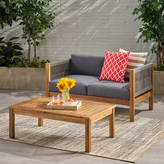 Patio Loveseat and Coffee Table Set, Patio Furniture Set with Cushion, Acacia Wood Frame Conversation Set, Porch and Poolside