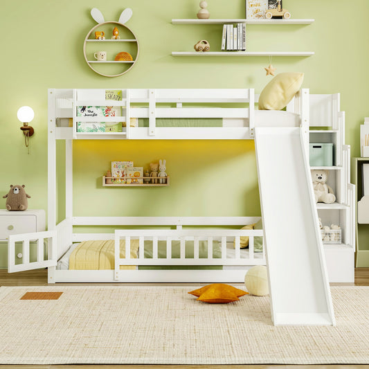 Twin Over twin Bunk Bed with Slide, Storage Staircase, Bedside Storage Rack,LED lights,Pine Solid Wooden Bunk Bed with Safety Guardrails ,White