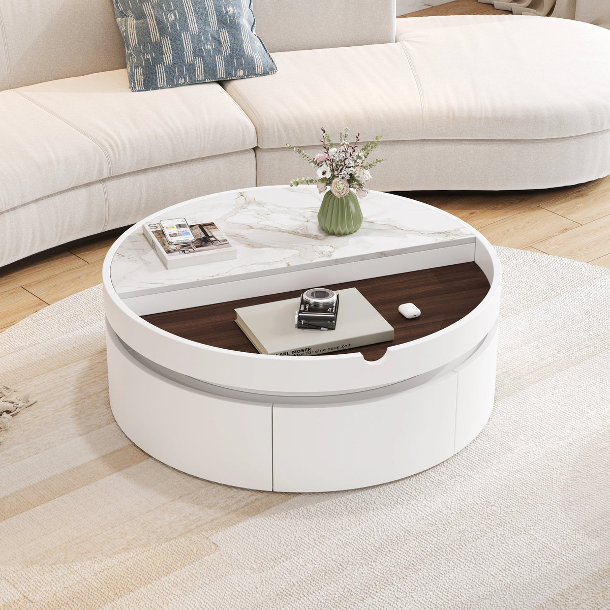 White Round Lift Coffee Table with 1 Drawer in 29.5', Marble Veneer and Wood Grain Tabletop