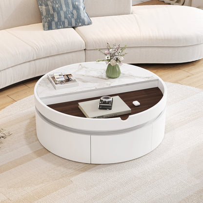 White Round Lift Coffee Table with 1 Drawer in 29.5', Marble Veneer and Wood Grain Tabletop