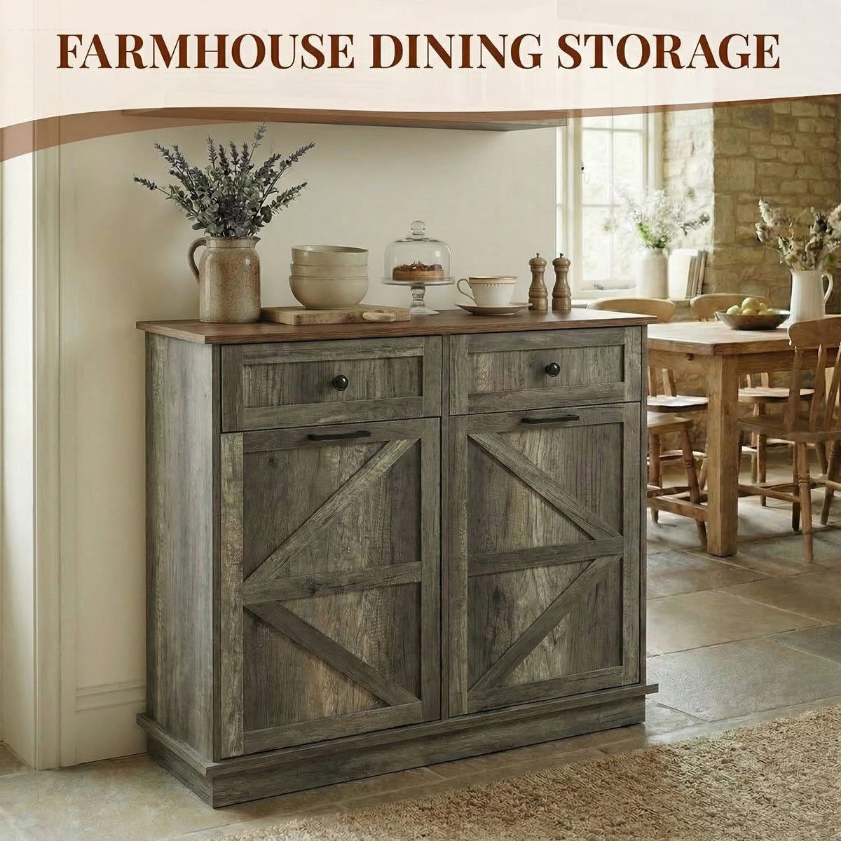 Tilt Out Trash Can Cabinet for Kitchen, Double 10-Gallon Hidden Trash Cabinet with Drawer, Farmhouse Wooden Garbage Cabinet, Dog Proof Trash Can Storage for Kitchen Laundry Living Room Office