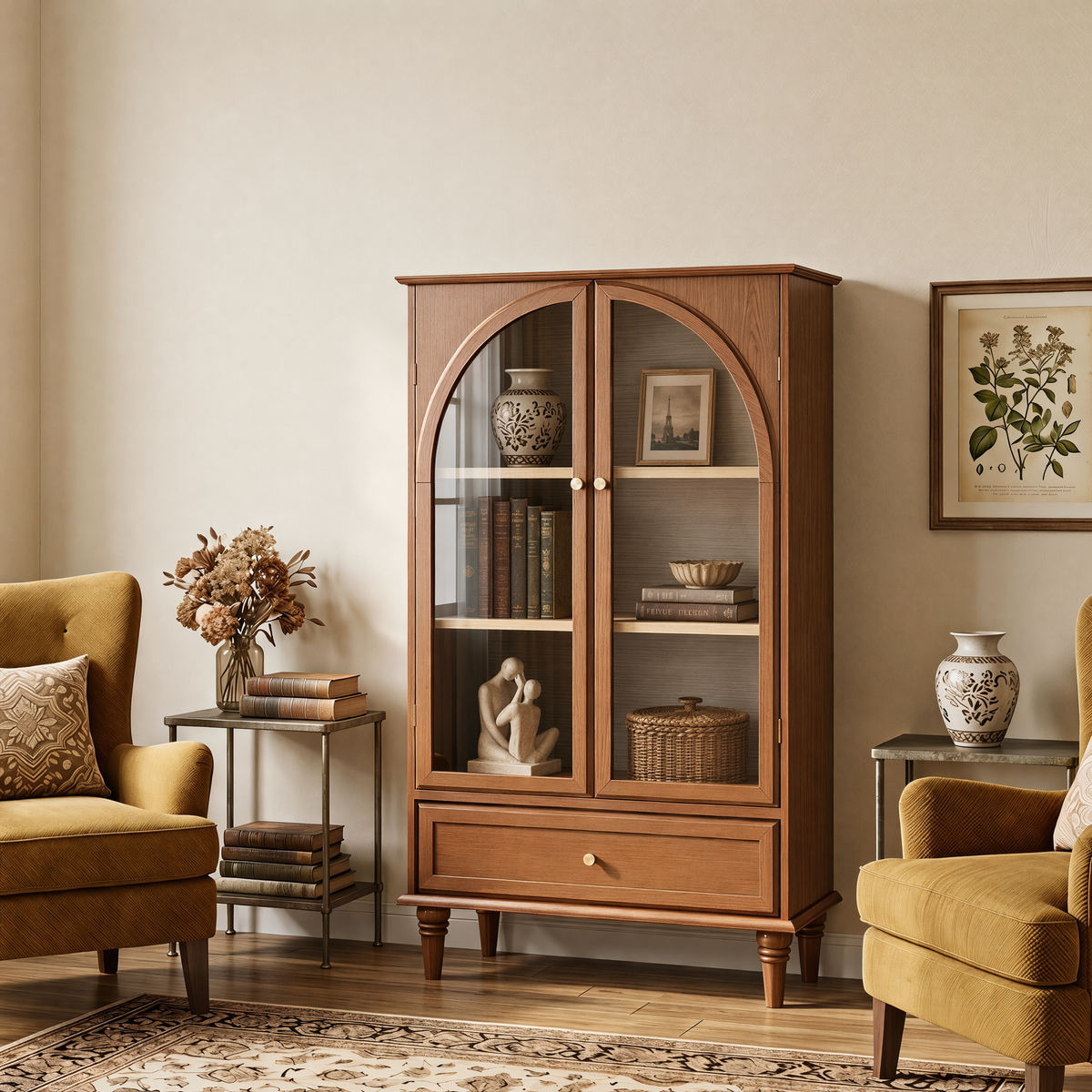 Vintage Farmhouse Arched Glass Accent Cabinet, MDF Real Wood Veneer Display Storage Cabinet with Solid Wood Legs, Adjustable Shelves & Drawer, Antique Glaze Finish