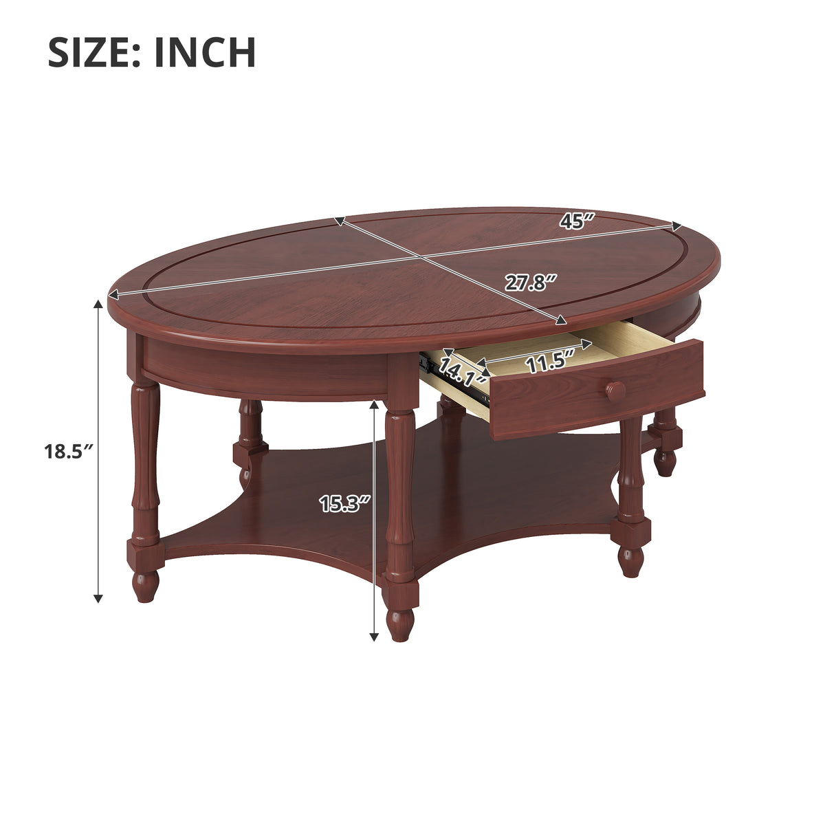 Vintage Oval Coffee Table with Drawer and Storage Shelf, Antique Cocktail Table in 45", French Country Accent Table for Living Room, Cherry (old sku: N735P277388)