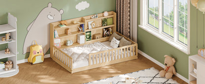Twin Montessori Floor Bed with Bookshelf & Safety Rails, Natural,Solid pine wood kids bed with integrated bookshelf, low-to-ground Montessori design, safety fence rails and wide entrance.