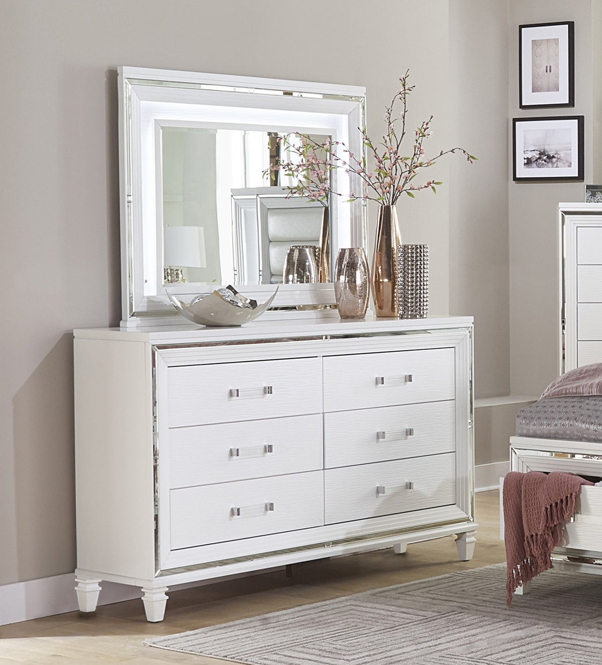 Modern Glam White Finish Dresser with Storage Drawers Beveled Mirror Trim Bedroom Furniture 1pc Storage Unit