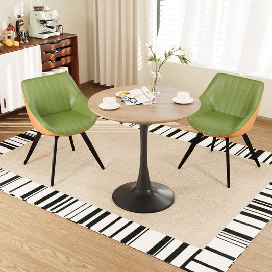 31.5 ' walnut color MDF round dining table, tulip dining table, and 2 artificial leather decorative chairs with black metal legs, 2-4 person kitchen dining table and chair set