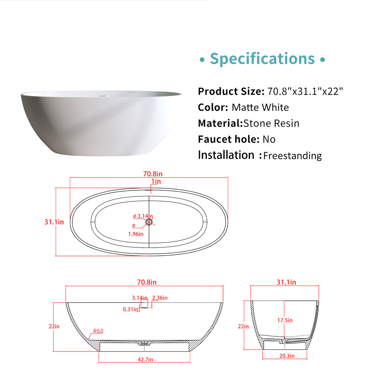 70.8″Solid Surface Matte Tub, Solid Surface Soaking Tub, Stone Resin Freestanding Bathtub, Thick Edge Stand Alone Tubs with Overflow