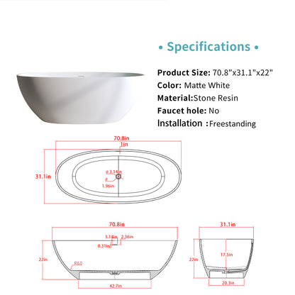 70.8″Solid Surface Matte Tub, Solid Surface Soaking Tub, Stone Resin Freestanding Bathtub, Thick Edge Stand Alone Tubs with Overflow
