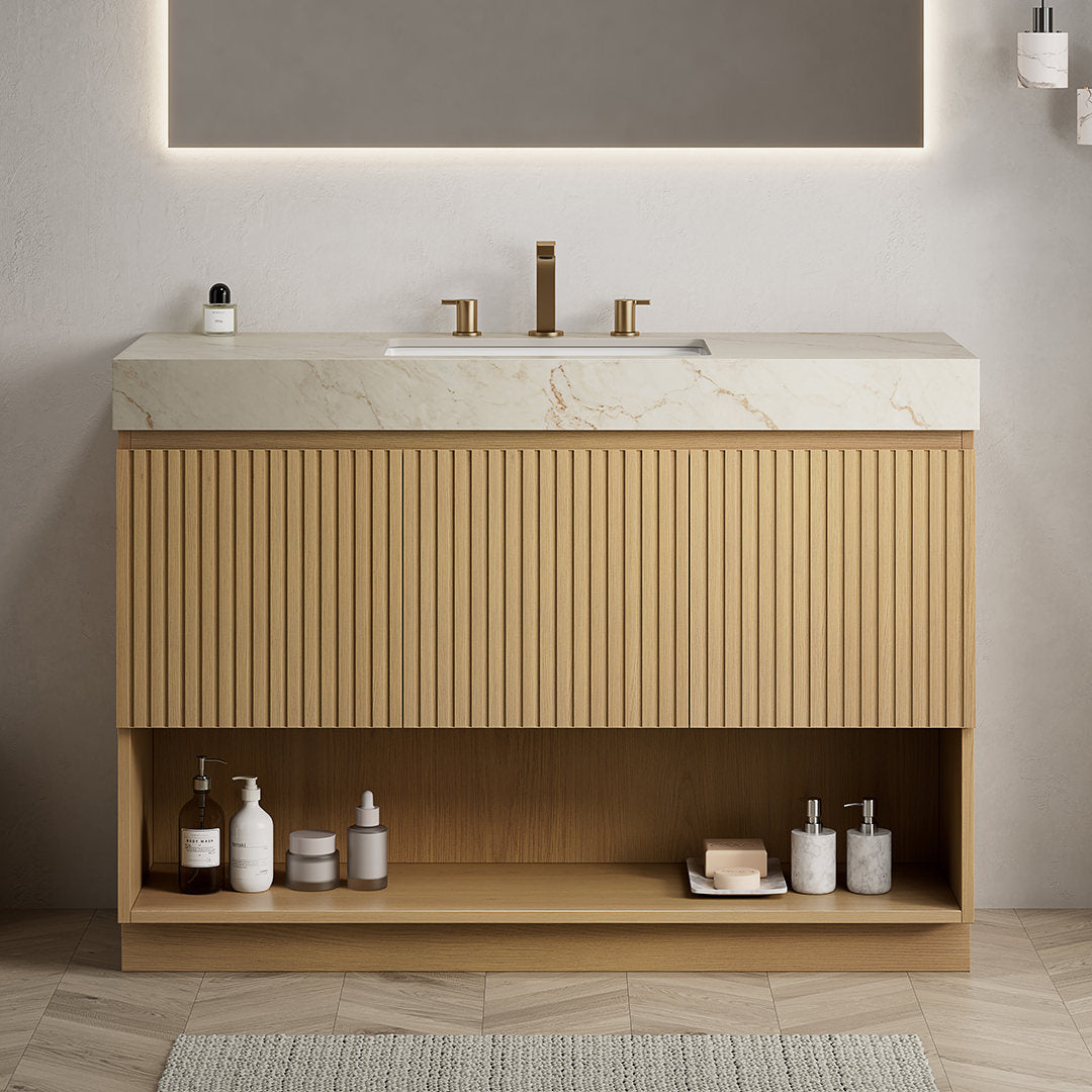 FINO 48" Bathroom Vanity&Sink,Freestanding Cabinet,Cream Gold Vein Sintered Stone Top&Ceramic Basin with 3 Pre-drilled Faucet Holes, Disassembled, Faucet & Drain Excluded, Corolla Oak Woodgrain Color