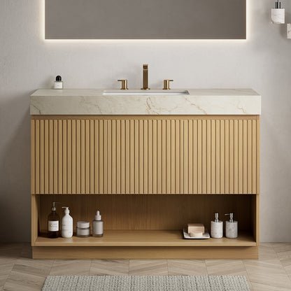 FINO 48" Bathroom Vanity&Sink,Freestanding Cabinet,Cream Gold Vein Sintered Stone Top&Ceramic Basin with 3 Pre-drilled Faucet Holes, Disassembled, Faucet & Drain Excluded, Corolla Oak Woodgrain Color