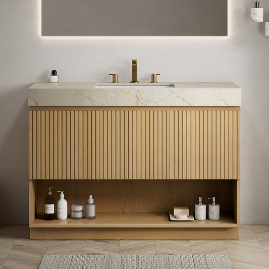 FINO 48" Bathroom Vanity&Sink,Freestanding Cabinet,Cream Gold Vein Sintered Stone Top&Ceramic Basin with 3 Pre-drilled Faucet Holes, Disassembled, Faucet & Drain Excluded, Corolla Oak Woodgrain Color