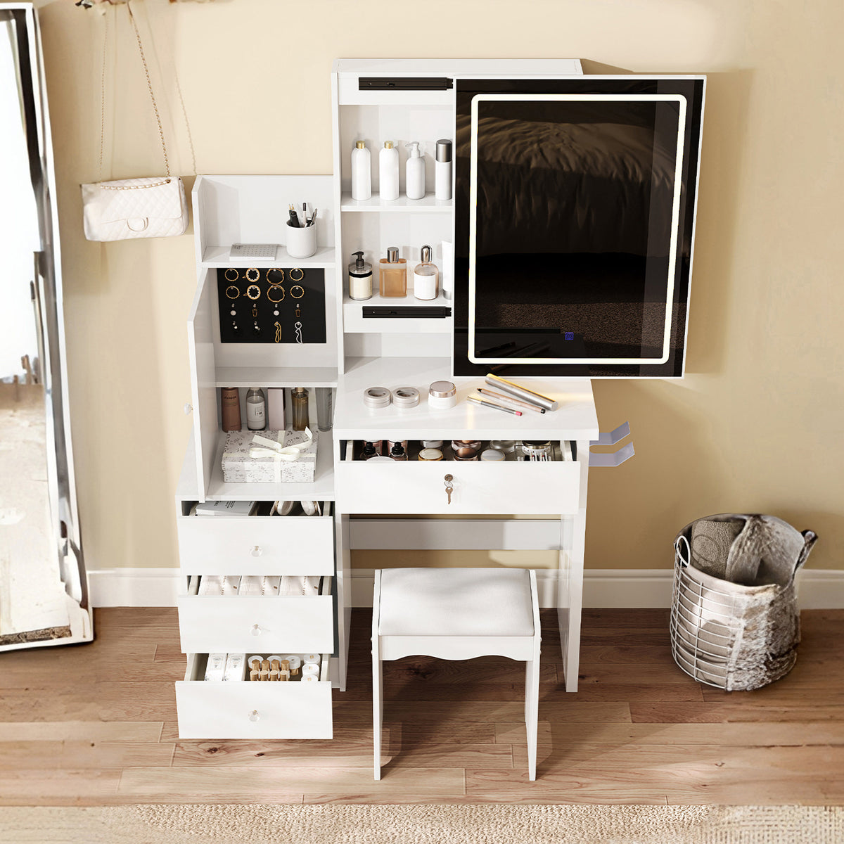 Vanity Desk Set with Sliding Lighted Mirror, Makeup Dressing Table with 4 Drawers & 9 Storage Spaces
