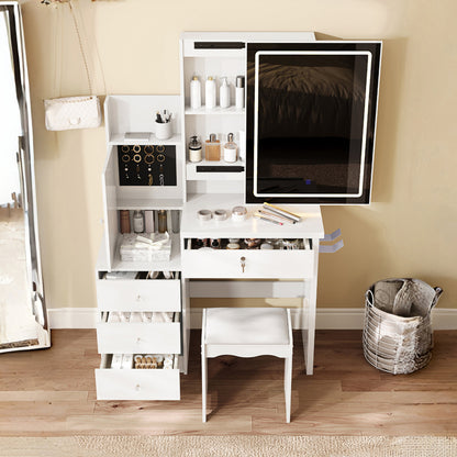 Vanity Desk Set with Sliding Lighted Mirror, Makeup Dressing Table with 4 Drawers & 9 Storage Spaces