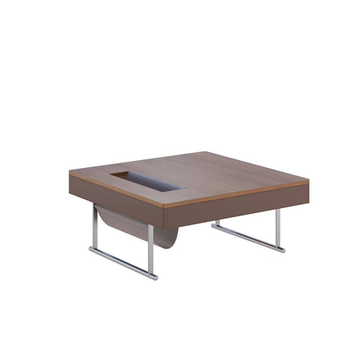 35.43" Square Walnut Coffee Table with Thickened Tabletop, Saddle Leather-Wrapped Edge and Polished Stainless Steel Base, Modern Cocktail Table for Living Room