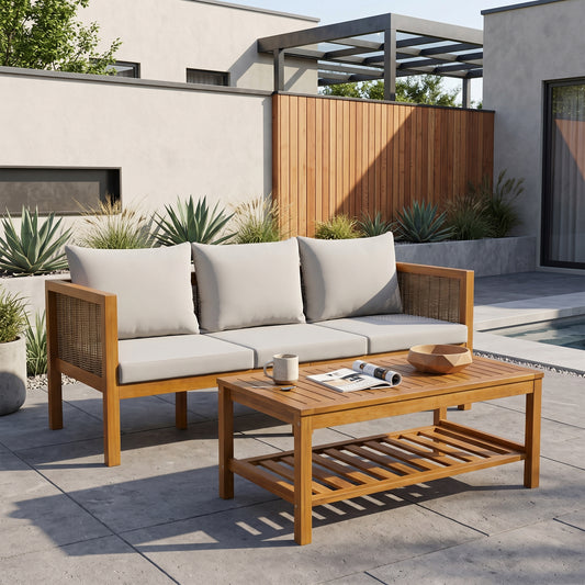 3-Seater Patio Set Outdoor Sofa & Coffee Table Set 2 Piece Outdoor Conversation Patio Furniture Set with Cushions and a Coffee Table for Garden, Backyard, Balcony, Poolside,Grey Cushion +Natural Wood