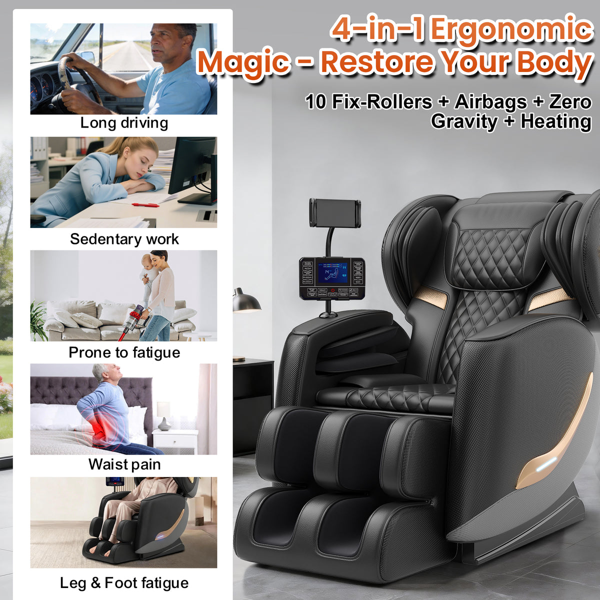 Massage Chair Full Body and Recliner, Zero Gravity Massage Chairs, 10 Fix Rollers, Airbags, Heating, Foot Massage, Auto Modes, Bluetooth Speaker and Touch Control Screen for Home and Office