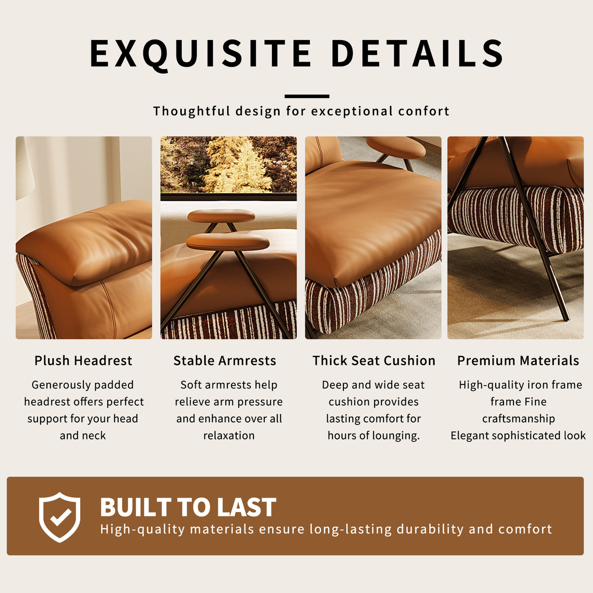 Minimalist casual single chair with solid wood frame, upholstered in leather and chenille fabric. It provides perfectly balanced soft-firm seating comfort and fits balconies, living rooms and bedrooms