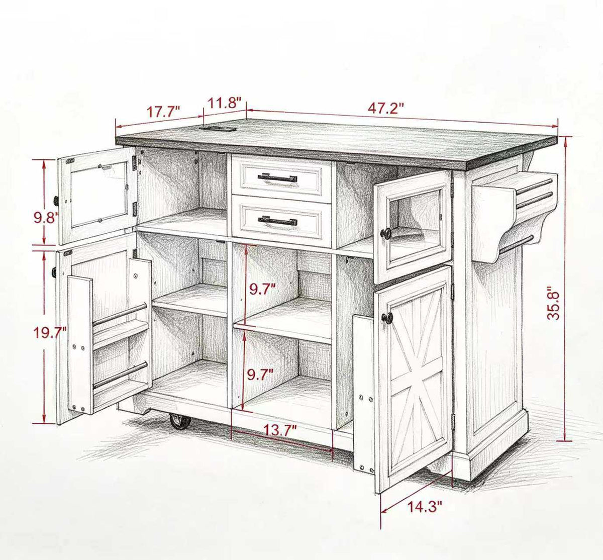 47.2" Kitchen Island with Drop Leaf, Power Outlet, Rolling Kitchen Storage Cart on 4 Wheels with 4 Door Shelves, Cross Barn Doors & Visual Glass Door for Kitchen,White