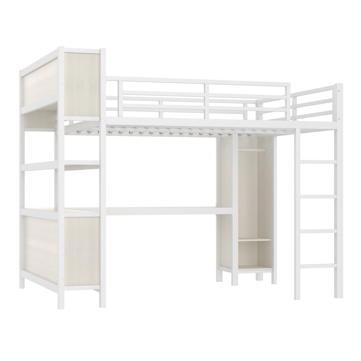 Metal Loft Bed with Wardrobe And L-shaped Desk, Queen Size Loft Bed with Storage Cubes and Shelves, Heavy Duty Loft Bed for Kids Teens Adults, White Wood-grain