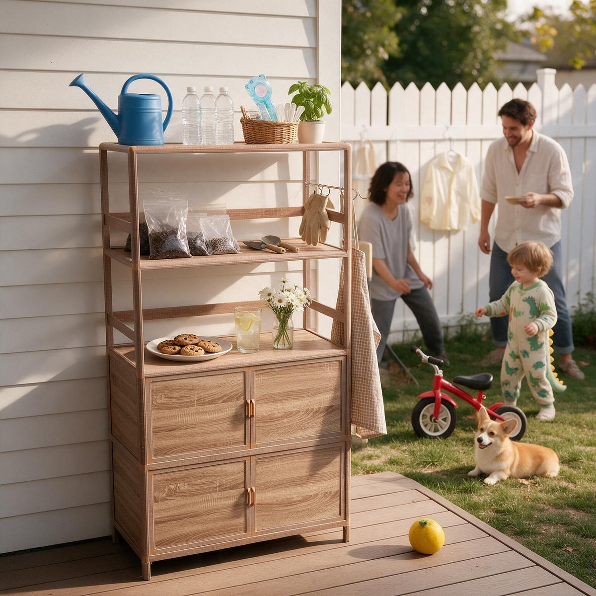 Tall Storage Cabinet with Open Shelving, 35.00" W x 16.73" D x 68.11" H, Freestanding Wood-Grain Aluminum Storage Cabinet with 4-Door Closed Storage for Kitchen, Entryway, Patio & Garage