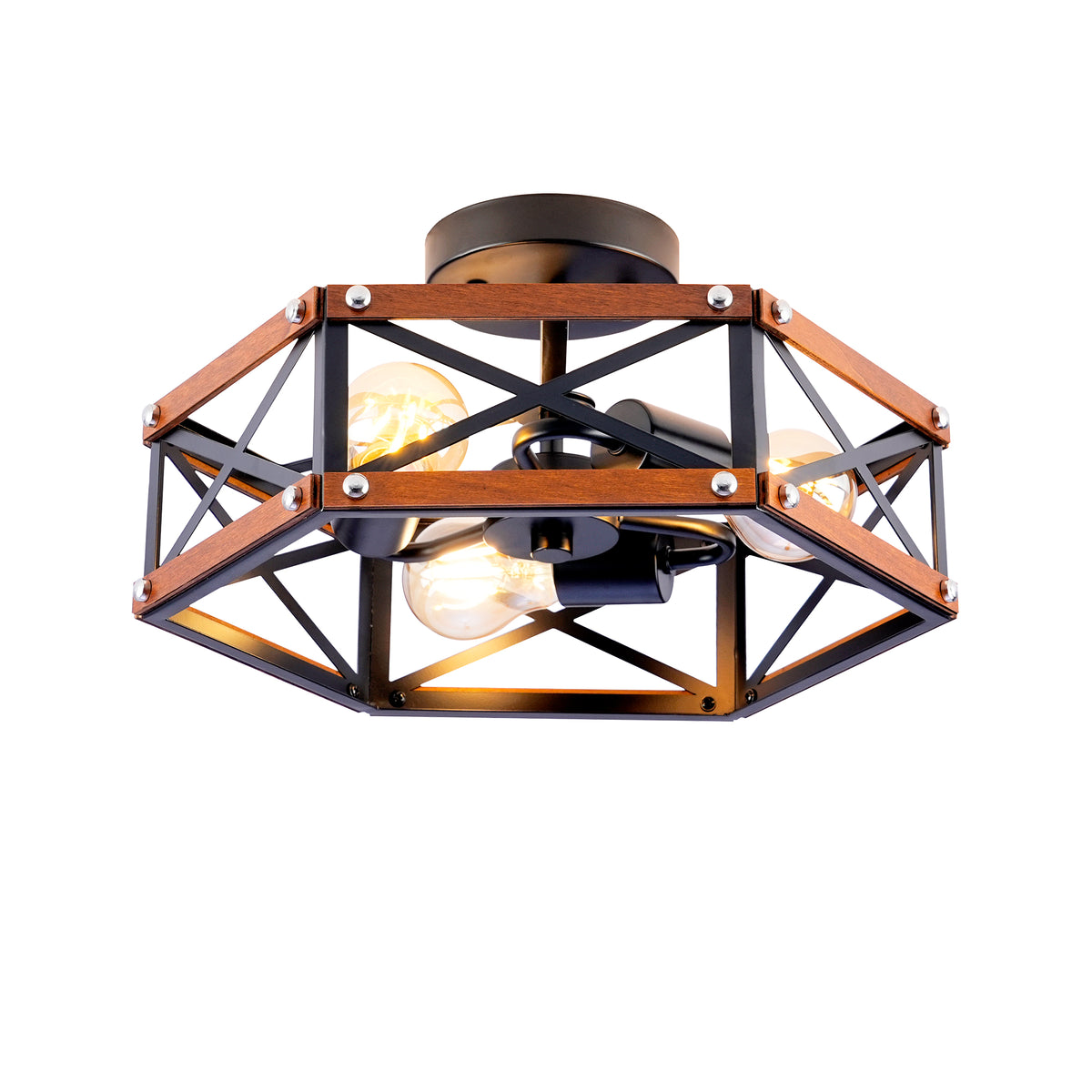 Rustic Farmhouse Wood Flush Mount Ceiling Light Fixture 14.57 inch Wood and Metal Cage Semi Flush Mount Ceiling Light for Hallway Entry Dining Farmhouse Bedroom Living Room,--Matte Black