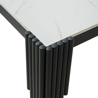 Modern 49" Rectangular Dining Table, White Marble-Look MDF Top with Black Metal Legs, Space-Saving Kitchen Desk for Small Apartments, Easy Assembly