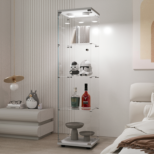 Tempered Glass Display Cabinet,Wine Cabinet,storage Cabinet,File Cabinet,with  Battery-powered paipai  light,Adjustable Floor Feet,Suitable for uneven ground,Can be placed anywhere,color:white