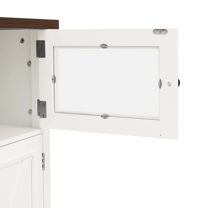 47.2" Kitchen Island with Drop Leaf, Power Outlet, Rolling Kitchen Storage Cart on 4 Wheels with 4 Door Shelves, Cross Barn Doors & Visual Glass Door for Kitchen,White