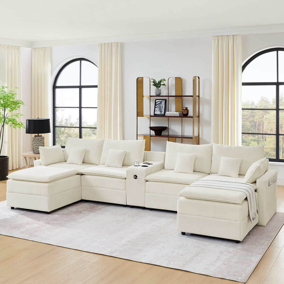 143.8'' U-shaped Modular Sectional Sofa with Center Console, Cup Holder, USB Charger,Movable Ottoman,Modern Comfy 4-6 Seater Chenille Cloud Couch for Spacious Living Room, Beige
