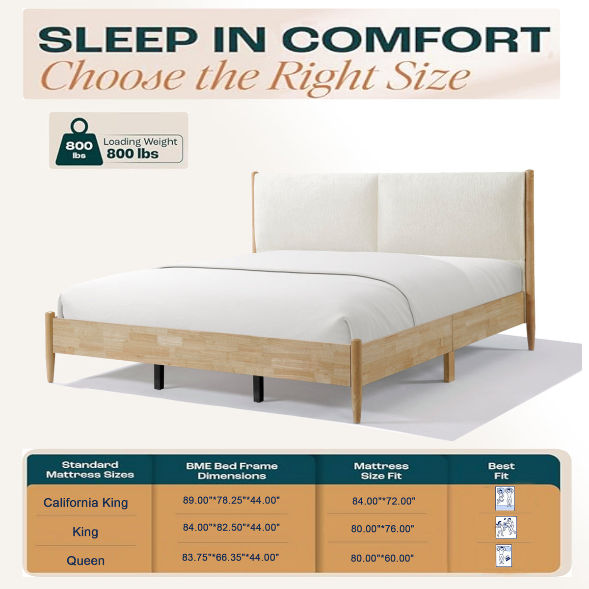 King Natural wood  Bed Frame with White Cozy Upholstered Headboard