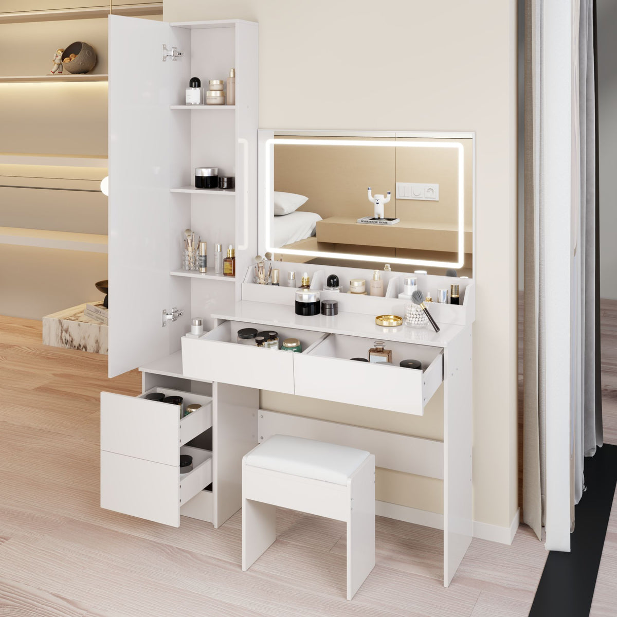 Extra Large LED Mirror Vanity Table + LED Dressing Mirror Cabinet + Cushioned Stool, Double Large LED Mirror, Touch Control, 3-color Switch