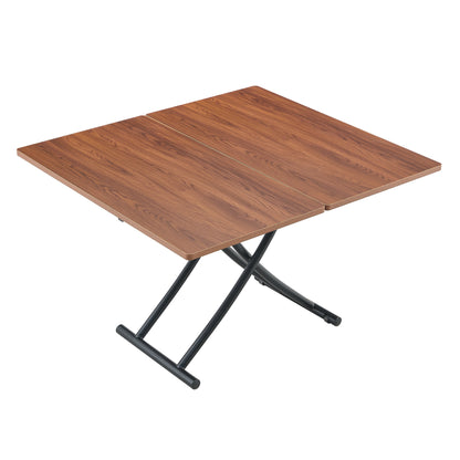 Modern minimalist multifunctional lift table with 0.8 inch thick MDF desktop and black metal legs, can be used as a dressing table, coffee table, dining table, and office table.Walnut textured desktop