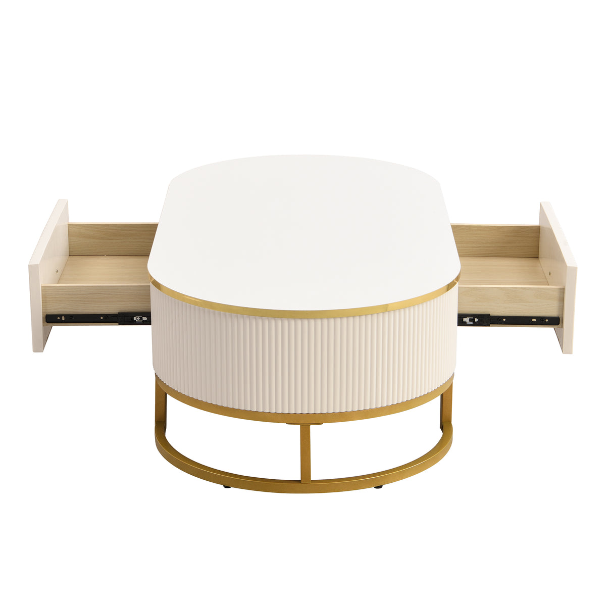 Modern Oval Coffee Table with Drawers, Curved Profile Design, Gold Metal Decor, Center Table for Living Room in 47.2"