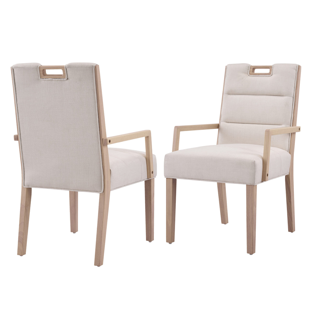 Upholstered Dining Chairs with Armrests, Beige Fabric & Natural Rubber Wood Frame, Set of 2