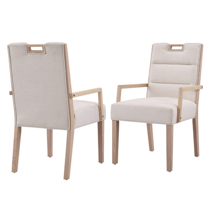 Upholstered Dining Chairs with Armrests, Beige Fabric & Natural Rubber Wood Frame, Set of 2