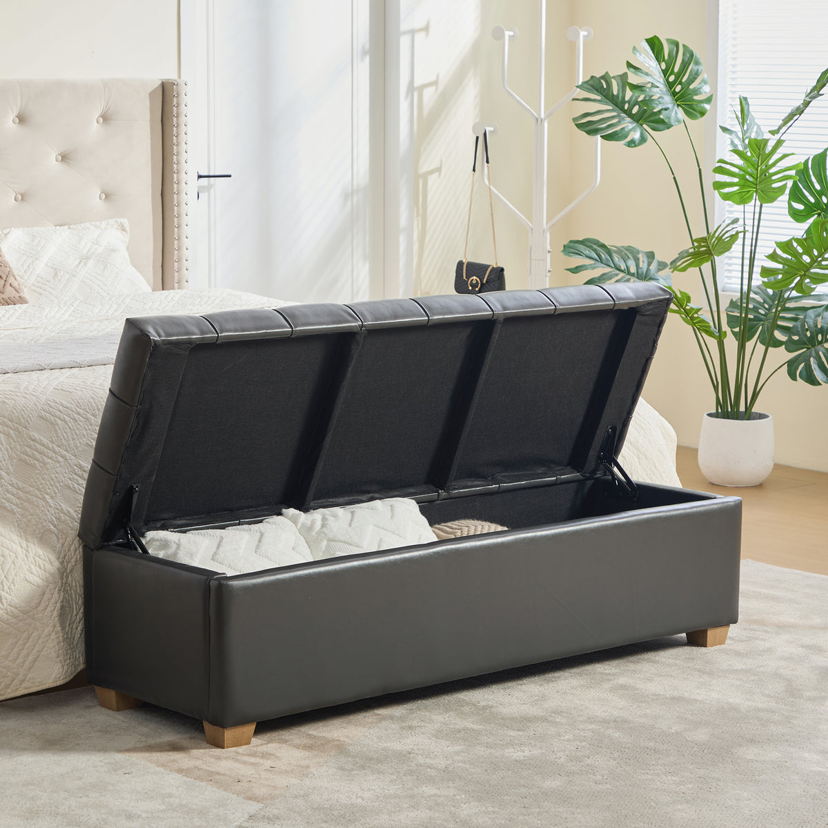 60.2'' Wide Chenille Upholstered Storage End of Bed Bench, Tufted Flip-Top Accent Window Bench Footrest Stool Ottoman with Legs for Living Room, Bedroom, Entryway, Dining Room, Dorm, Corner, Gray