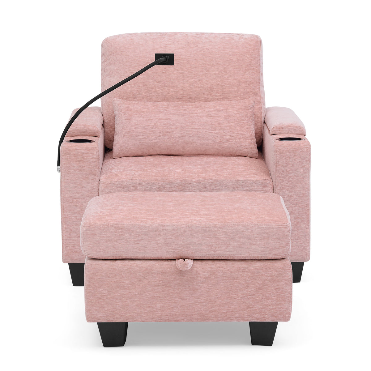 Single sofa recliner with manually adjustable backrest, USB charging port on the armrest side, phone stand included, hidden armrest storage, and a matching storage ottoman-Pink